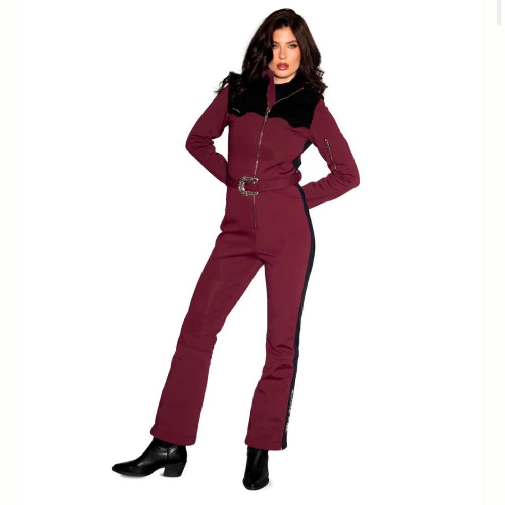 Women’s burgundy snowsuit with western details